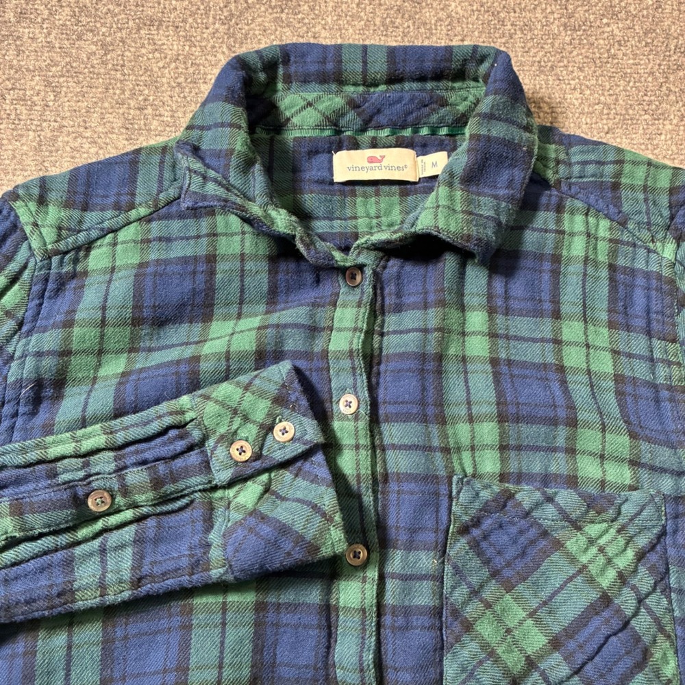Vineyard Vines Double Gauze Shirt Mens M Green Blue Plaid Preppy Outdoor